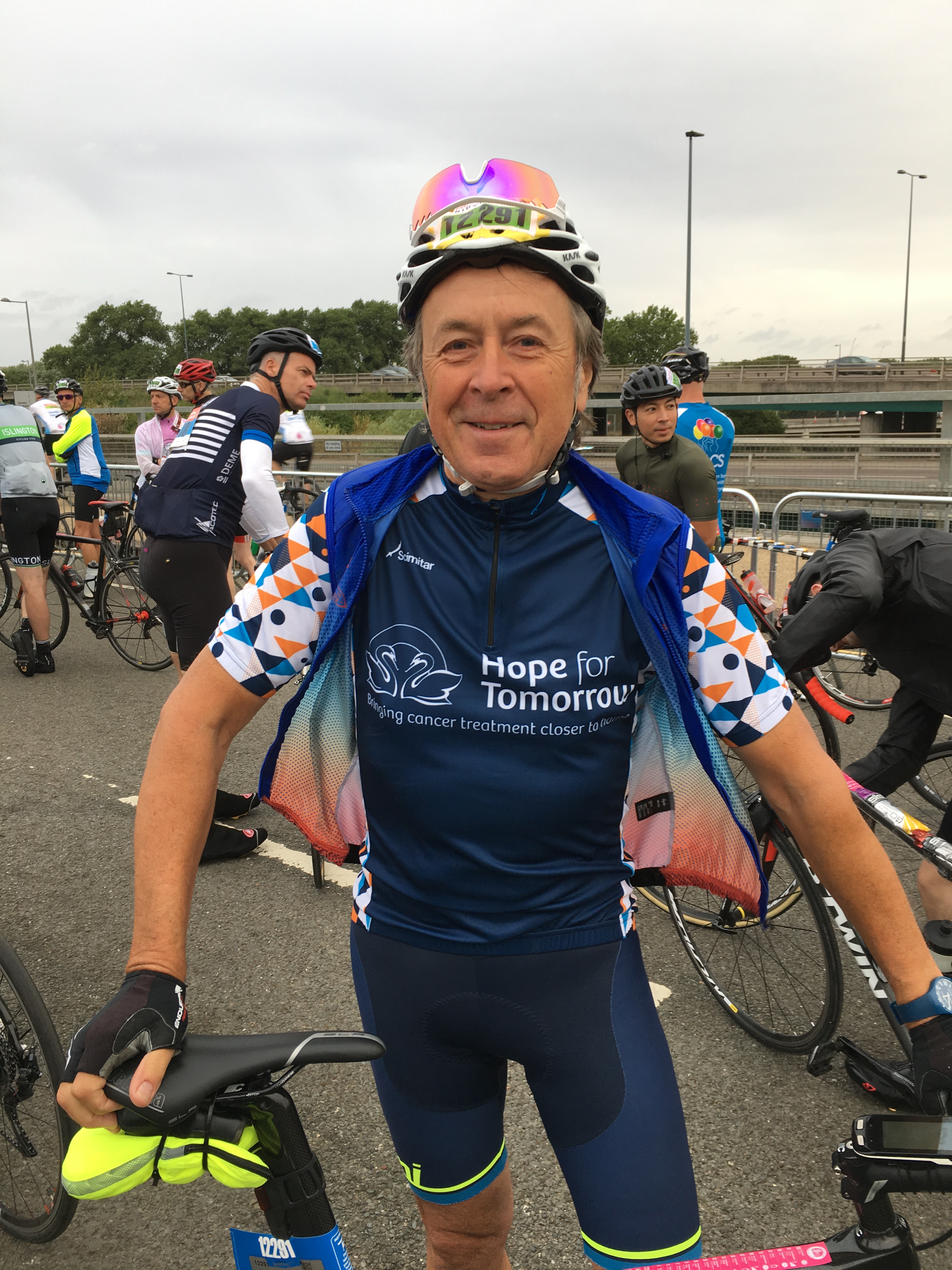 Stephen Bawtree with his medal at the finish line of the Prudential London - Surrey bike ride 