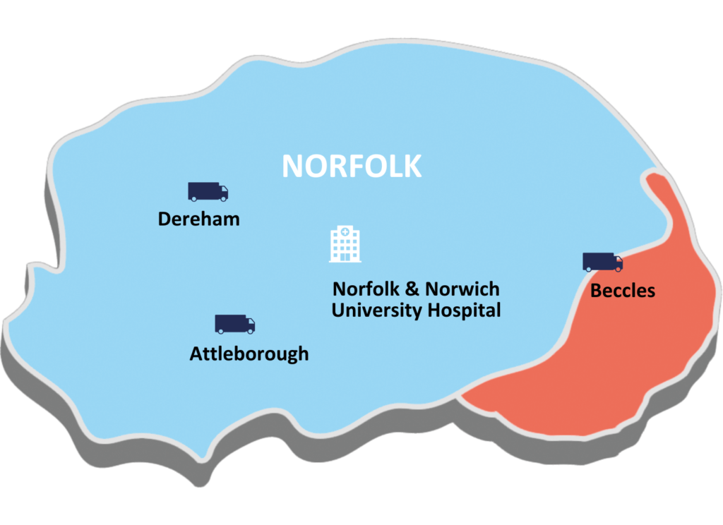 Map showing locations on mobile cancer care units operated by Norfolk & Norwich University NHS Foundation Trust and Hope for Tomorrow.