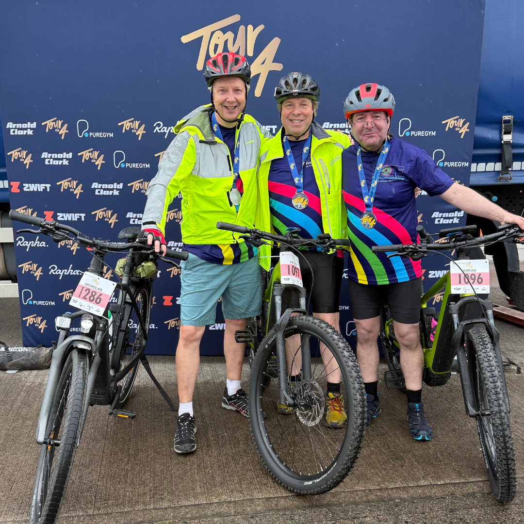Pat, Nick and Adrian at the Tour De 4 finish line, after completing the cycle challenge.