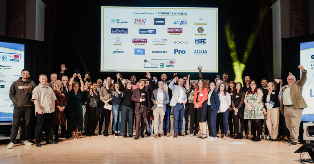All of the winners from The Gloucestershire Business Awards on stage with their awards