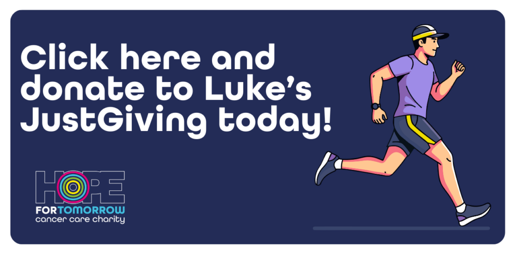 An infographic depicting the words 'Click here to donate to luke's jsutgiving page today" accompanied by a graphic of a man running a marathon