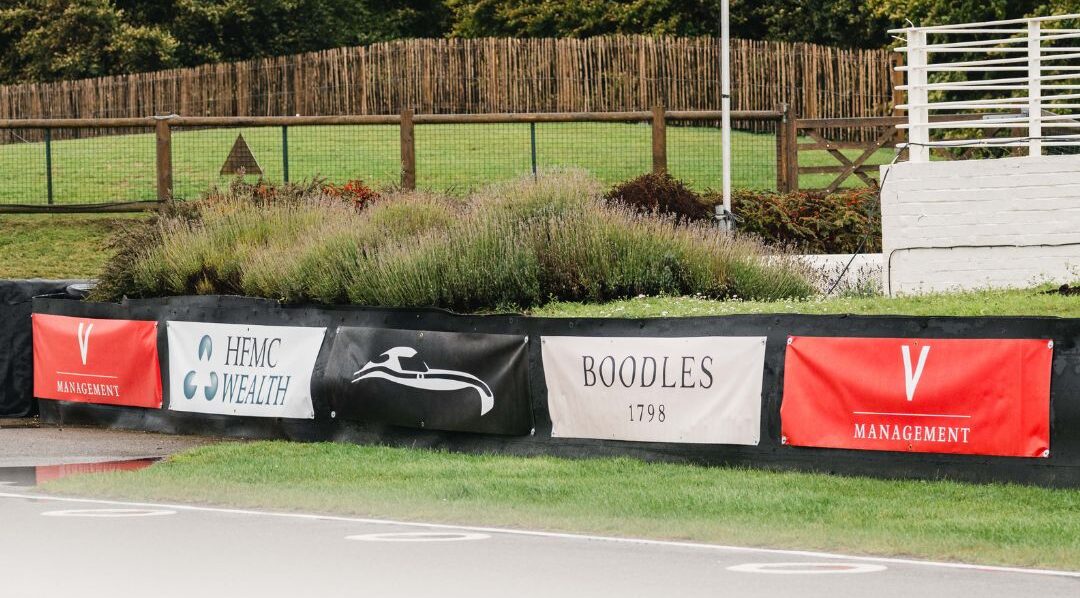 A banner showing sponsors of Veloce, including V-Management, Boodles and HFMC Wealth