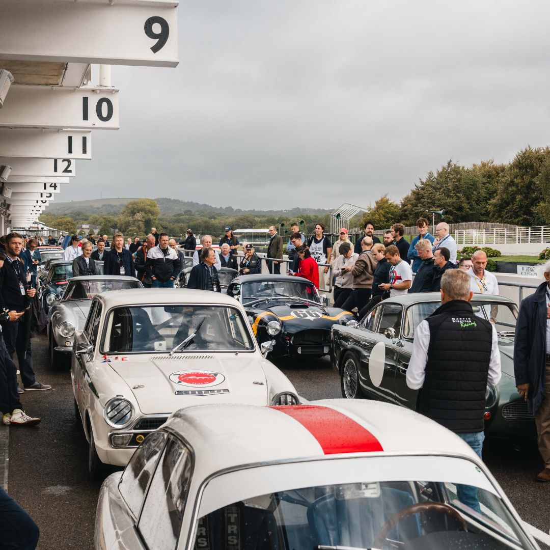 A crowd of people and cars at Goodwood motor circuit for the Veloce event
