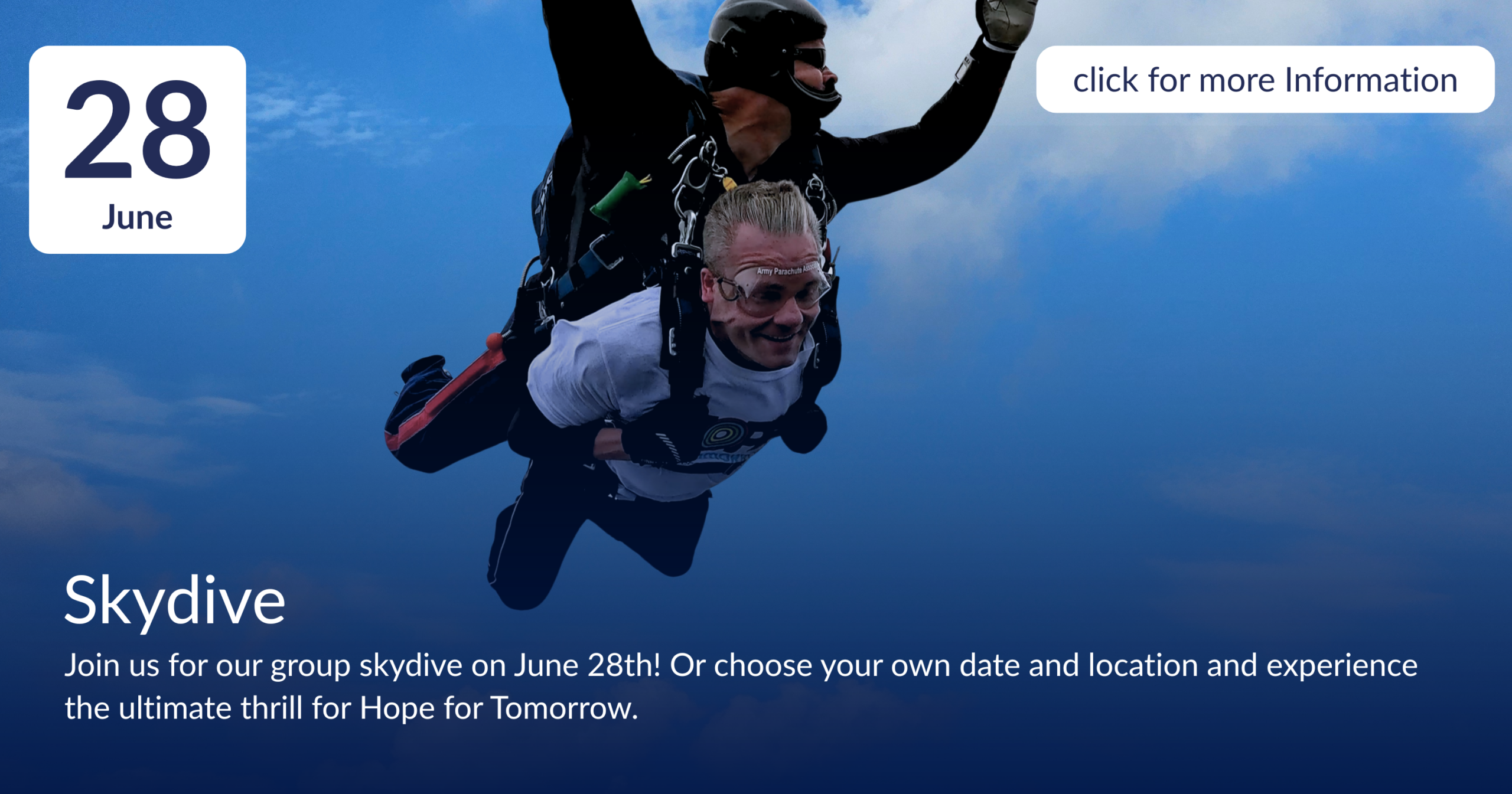 John, a man in his early 40s, jumping from a plane attached to an instructor, wearing his Hope for Tomorrow branded t-shirt