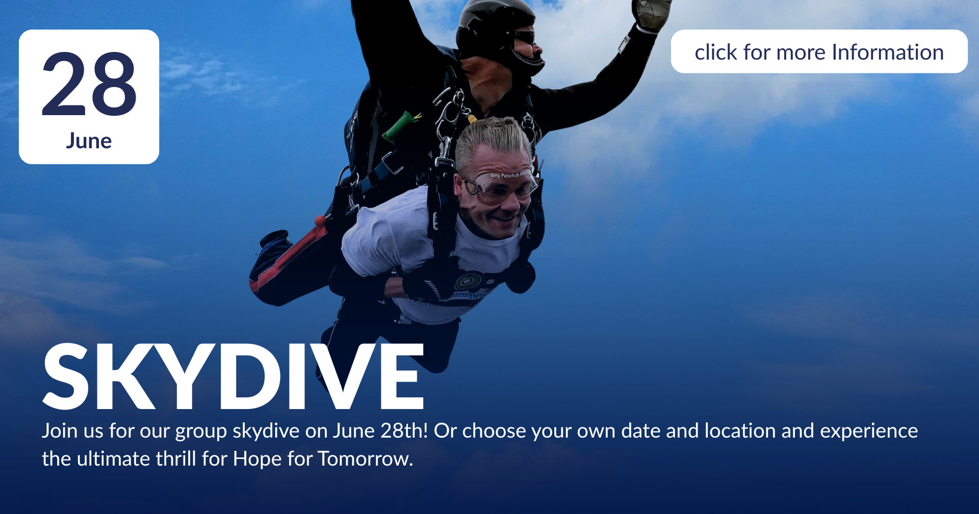 Skydive John, a man in his early 40s, jumping from a plane attached to an instructor, wearing his Hope for Tomorrow branded t-shirt