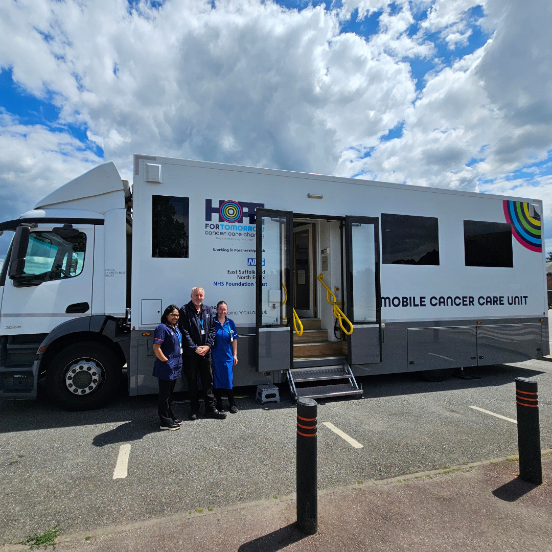 An image showing the front and side of Hope for Tomorrow's West-Suffolk-based mobile cancer care unit, Frisbey.