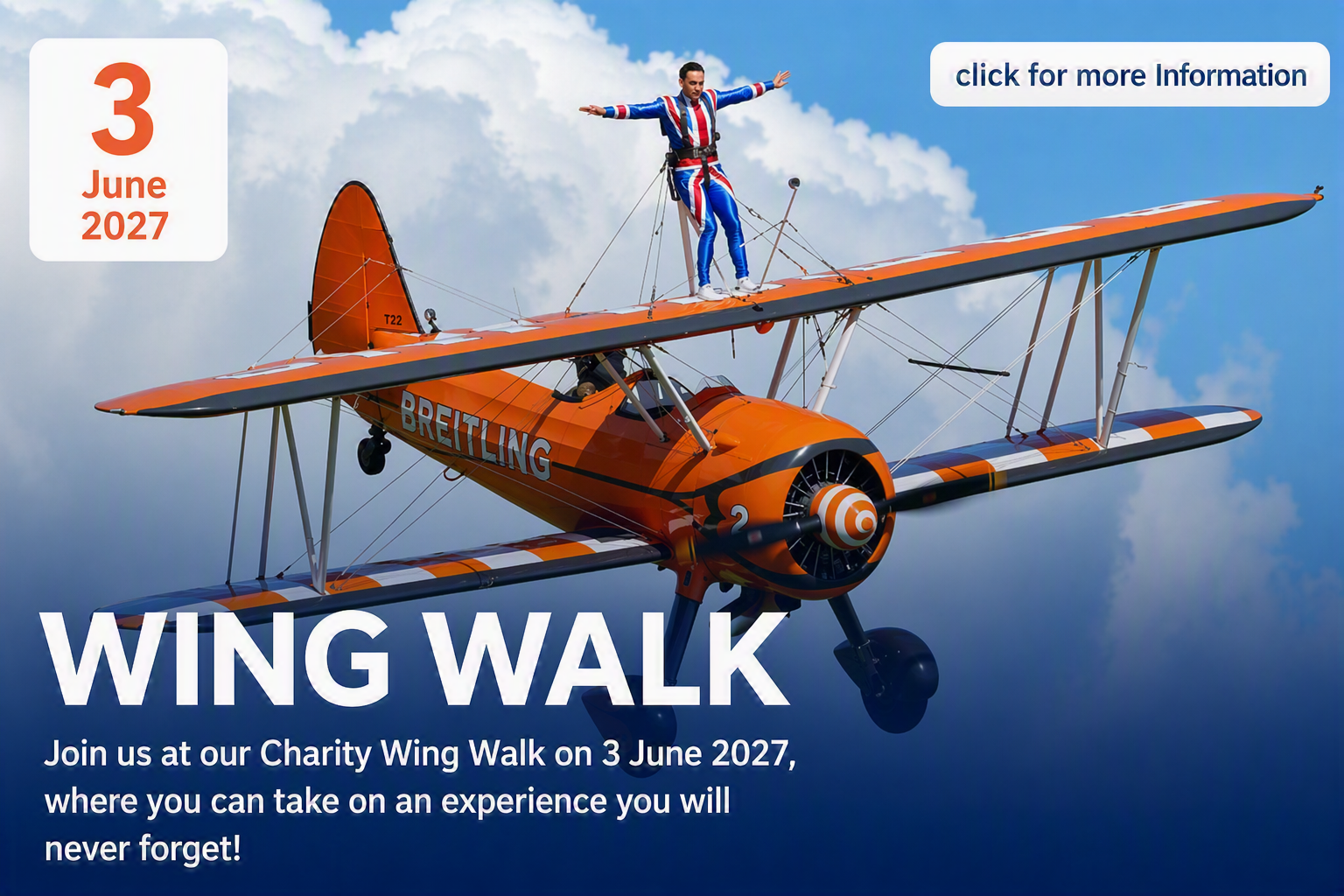 wing walk header image John, a man in his early 40s, jumping from a plane attached to an instructor, wearing his Hope for Tomorrow branded t-shirt